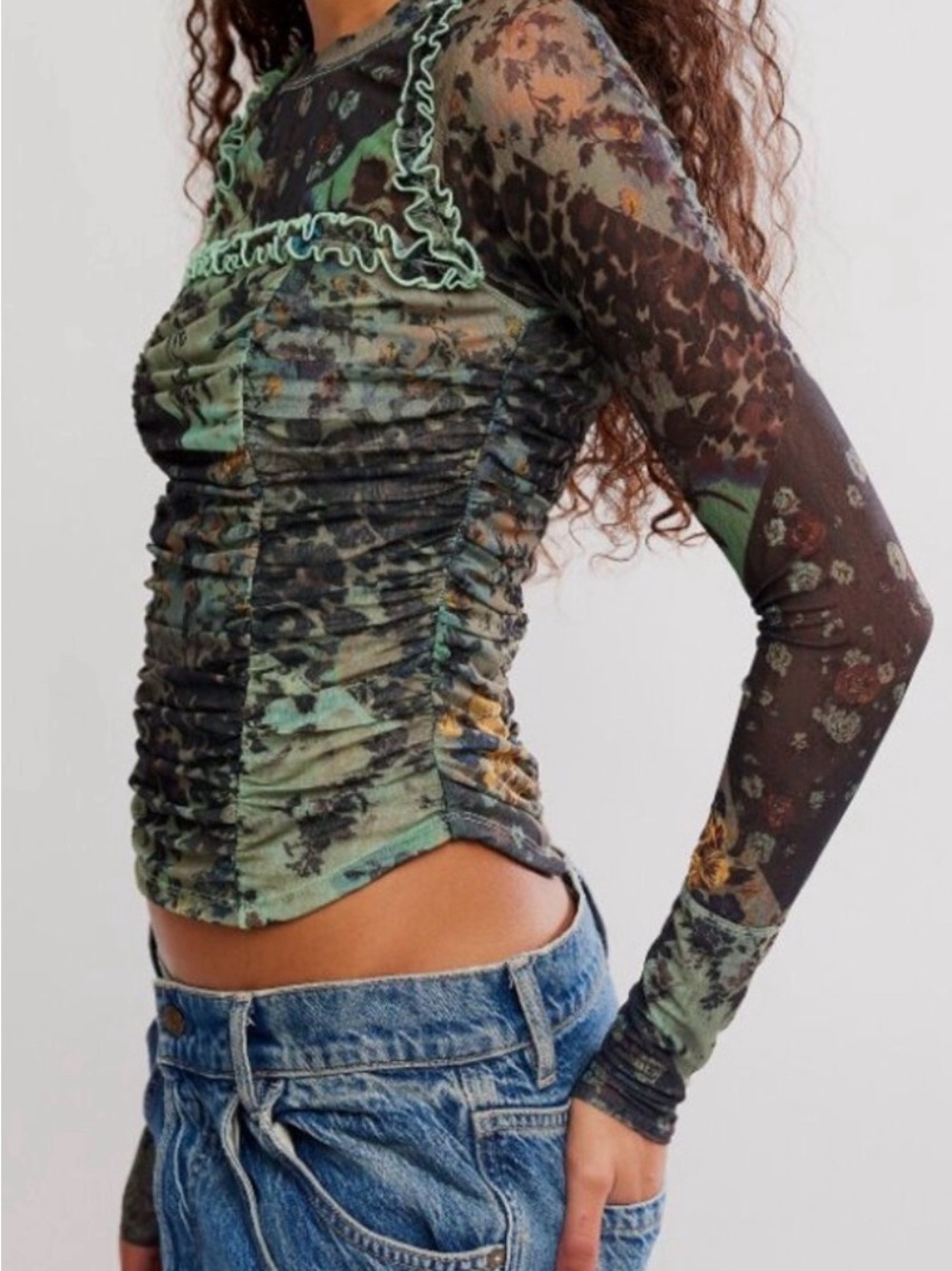 FREE PEOPLE Ariana Long Sleeve Ruched Top / Sage Combo SZ Medium - Picture 2 of 7